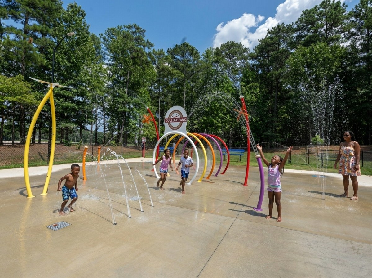 Children playing at the College Park splash pad